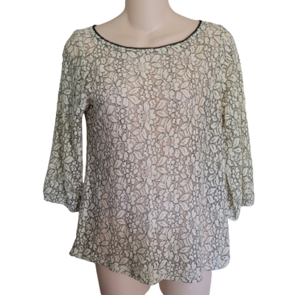 Ann Taylor LOFT Beige Black Lace See-Through Blouse Top Size Women Small Petite - Picture 4 of 13